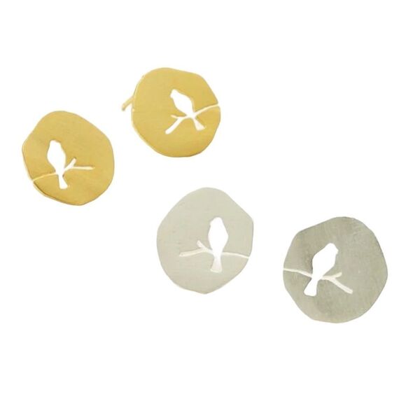 Brushed Gold or Silver Tone Bird on Branch Stud Earrings NWT - Picture 1 of 7